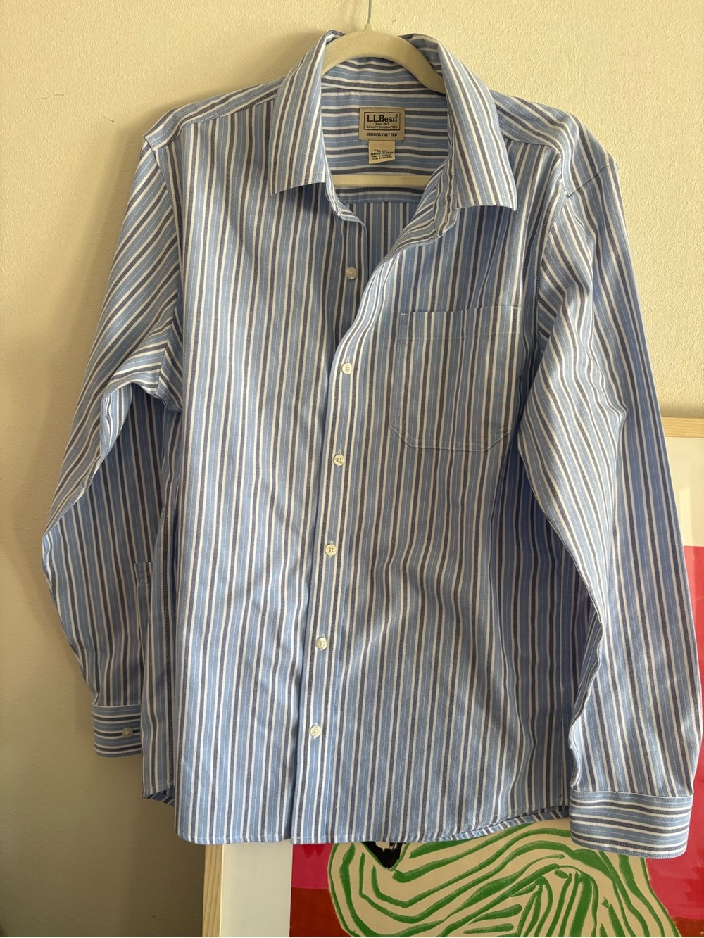 L.L. Bean Blue and White Striped Men's Button-Up Dress Shirt